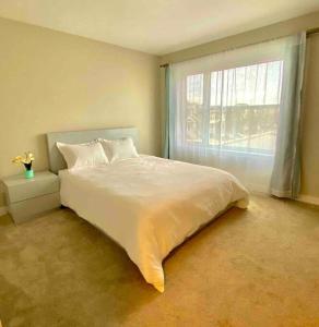 里贾纳Entire house to yourselves - NO basement sharing的卧室设有一张白色大床和一扇窗户。