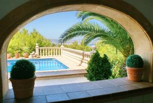 哈维亚Villa Javea的一座种植了盆栽植物的拱门和一个游泳池