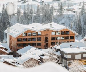 阿德尔博登Revier Mountain Lodge Adelboden的雪地小屋,有雪盖屋顶