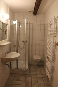 GömnitzDas Abendrote Haus的带淋浴、盥洗盆和卫生间的浴室