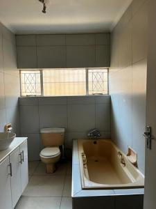 约翰内斯堡BDN Backpackers的带浴缸、卫生间和盥洗盆的浴室