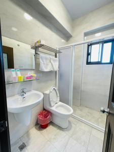 马公澎湖黑皮民宿的一间带水槽、卫生间和淋浴的浴室