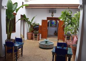 拉巴特Dar Mounia的客厅配有蓝色的椅子和桌子,种植了植物