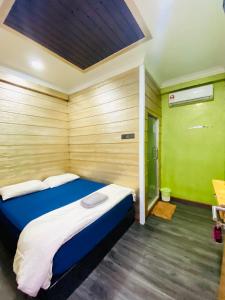 TumpatSuza Hostel的一间设有床铺的卧室,位于一个拥有绿色墙壁的房间