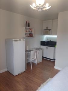 圣若泽杜斯皮尼艾斯Residencial Vitor Studio 1的客房内的厨房配有桌子和冰箱