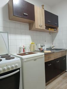 扎耶查尔Apartman 019的厨房配有炉灶和白色炉灶烤箱。