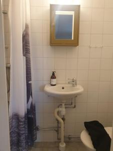 于默奥Mycket Centralt Hel studio lägenhet的一间带水槽、卫生间和镜子的浴室