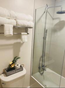 基西米Beautiful Room Near Disney/Universal & I-Drive的浴室配有淋浴和带毛巾的卫生间。