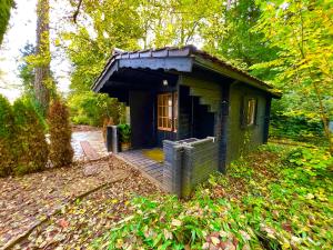 施朗根巴特Tiny Haus Glamping - Natur Park的一座绿色的小建筑,树林里设有门廊
