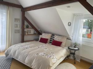 卡斯特劳恩Am Apfelbaum, ein Ferienhaus zwischen Rhein und Mosel的一间卧室配有一张大床,配有白色床单和红色枕头