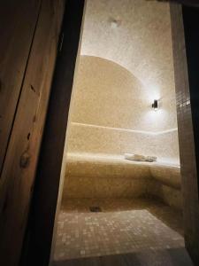 KorczewHeaven Reset & Spa - Domek nad rzeka的浴室配有步入式淋浴和浴缸