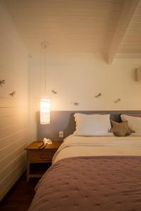 莫罗圣保罗波萨达明哈卢卡派尚酒店的一间卧室配有一张床和一张带台灯的桌子
