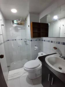 波哥大Apartamento Grupal, Chapinero的浴室配有卫生间、淋浴和盥洗盆。