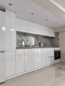 米蒂利尼Minimal Cozy Apartment的白色的厨房配有白色橱柜和水槽