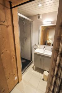 莫尔济讷Chalet Haut Fort Prodains Lift - Mountain Voyages的带淋浴和盥洗盆的浴室
