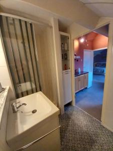 MoorveldDe Hagendoorn的一间带白色水槽和走廊的浴室