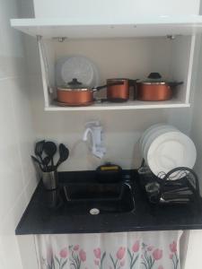 里约热内卢Lofts da Monica的架子上带锅碗瓢盆的厨房台