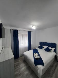 波亚纳默鲁卢伊CASA RAUL的一间卧室配有一张带蓝色和白色枕头的床