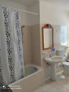 布吕松Appartamento centro Brusson.的浴室配有盥洗盆、浴缸和卫生间。