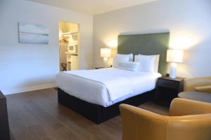 圣地亚哥科罗纳多皇冠城旅馆的卧室配有一张白色大床和一把椅子