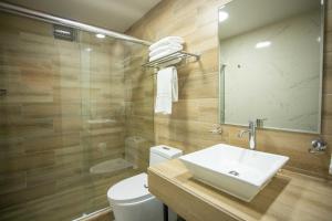 库斯科ANAHUARQUE Hotel Boutique的一间带水槽、卫生间和镜子的浴室