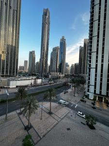 迪拜Forte Downtown Dubai的一座拥有高楼和棕榈树的城市
