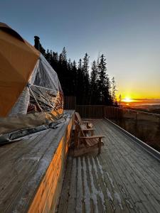 Forbord Dome的木甲板上的长凳,背面是日落