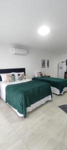 伊达贾伊Studio no Bairro Cordeiros的客房内的两张床和绿色床单