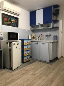 普列文Cozy loft apartment的厨房配有蓝色橱柜和白色冰箱