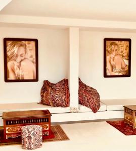 滨海卡瓦莱尔Villa Hirondelles 35的客厅配有枕头、沙发和桌子