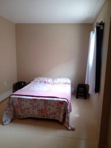 加拉尼温斯Apê perto do Parque Euclides Dourado的小卧室配有一张带粉色毯子的床