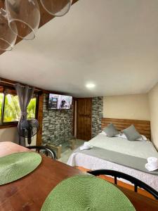 迦太基Dreams Lodge Orosi的一间卧室配有两张床、一张桌子和一台电视。