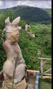 MeruocaMirante toca da raposa的猫的雕像,仰望着山
