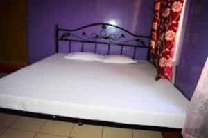 古瓦哈提Guwahati Lodge Guwahati的紫色客房内的一张床铺,配有一张大床垫