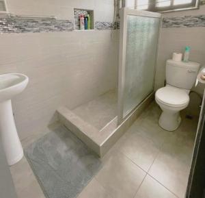 卢萨卡Busisiwe's RM Home的浴室配有卫生间、淋浴和盥洗盆。