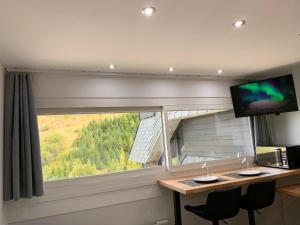 里蒙纽耶Les Menuires : Studio près des pistes de ski的客房设有带书桌和电视的窗户。