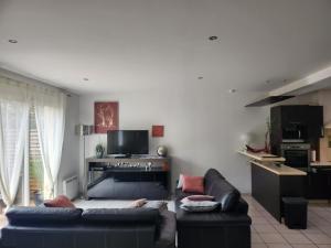 尼姆Maison tout confort的带沙发的客厅和厨房