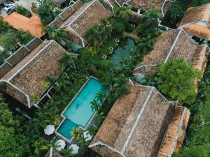 万象绿园精品酒店的享有带树木的度假酒店游泳池的顶部景致