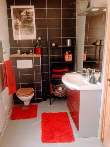多尔多尼河畔博利厄Dordogne Farmhouse的一间带卫生间和水槽的小浴室