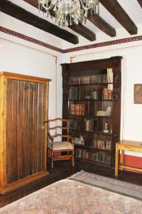 普埃布拉卡萨德拉帕尔马精品酒店的一间带吊灯和书架的客厅