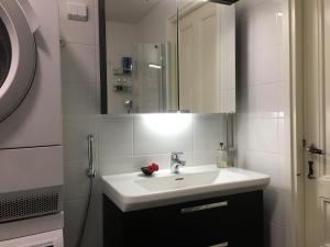 赫尔辛基Top Apartments Helsinki - Alppila的白色的浴室设有水槽和镜子