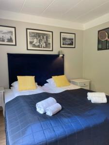 格尔斯维克Hankø Hotell & Spa的一间卧室配有蓝色的床和两个枕头