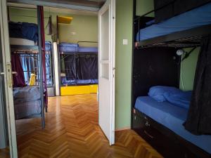 普里什蒂纳Prishtina Center Hostel的客房设有两张双层床,铺有木地板。
