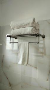 塔卡马卡Dovass Self Catering Apartments的浴室配有毛巾架和毛巾