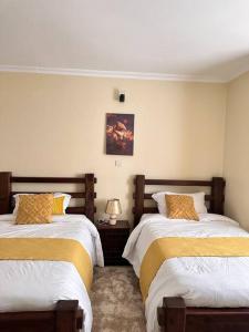 基塔莱Exquisite two bedroom Penthouse-Fully Furnished at 360 Luxury的一间卧室配有两张床和一盏灯。