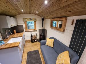 巴特米尔Syke Farm Campsite - Yurt's and Shepherds Hut的一间客厅,客厅里有一个蓝色的沙发,位于一个小房子里