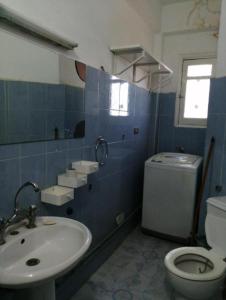 阿斯旺Villa Elaraby Mohamed的蓝色瓷砖浴室设有卫生间和水槽