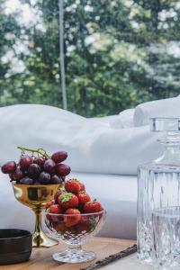 塞尔福斯Buubble Hotel - Hrosshagi的桌上一碗水果和一碗葡萄