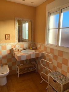 塞维利亚Familia anfitriona acoge的一间带水槽、卫生间和镜子的浴室