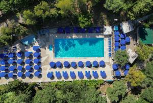 索伦托Village Camping Santa Fortunata - Campogaio的享有带蓝色椅子的游泳池的顶部景致